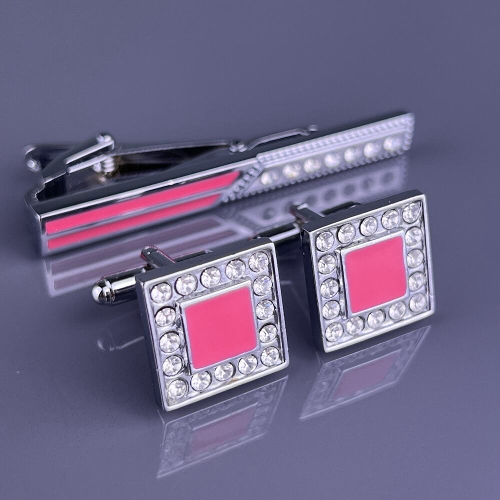 Square Pink White Rhinestone Cufflinks Tie Clip Silver Tone Enamel Vintage